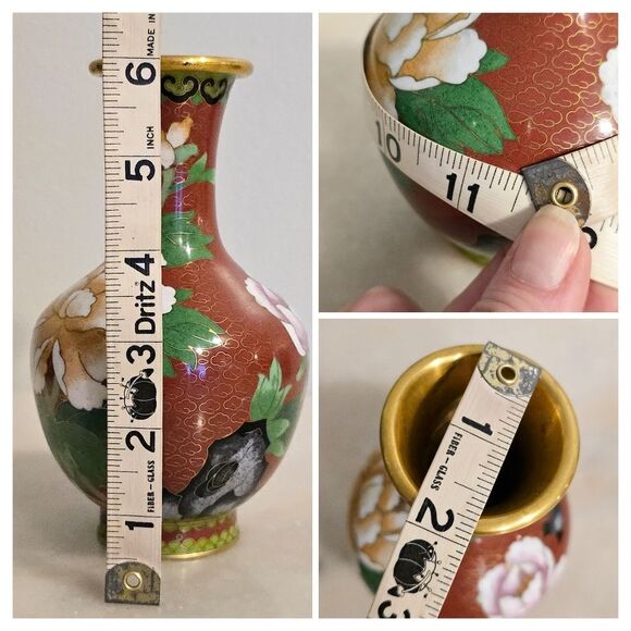 Vintage Antique Chinese Cloisonne Enamel on Brass Red Vase Bird and Flowers - Picture 8 of 8